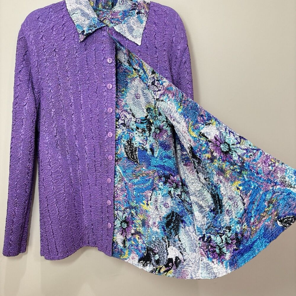 Purple Crinkle Reversible Cardigan Women 1X/2X Stretch Floral 90s Cottage Granny